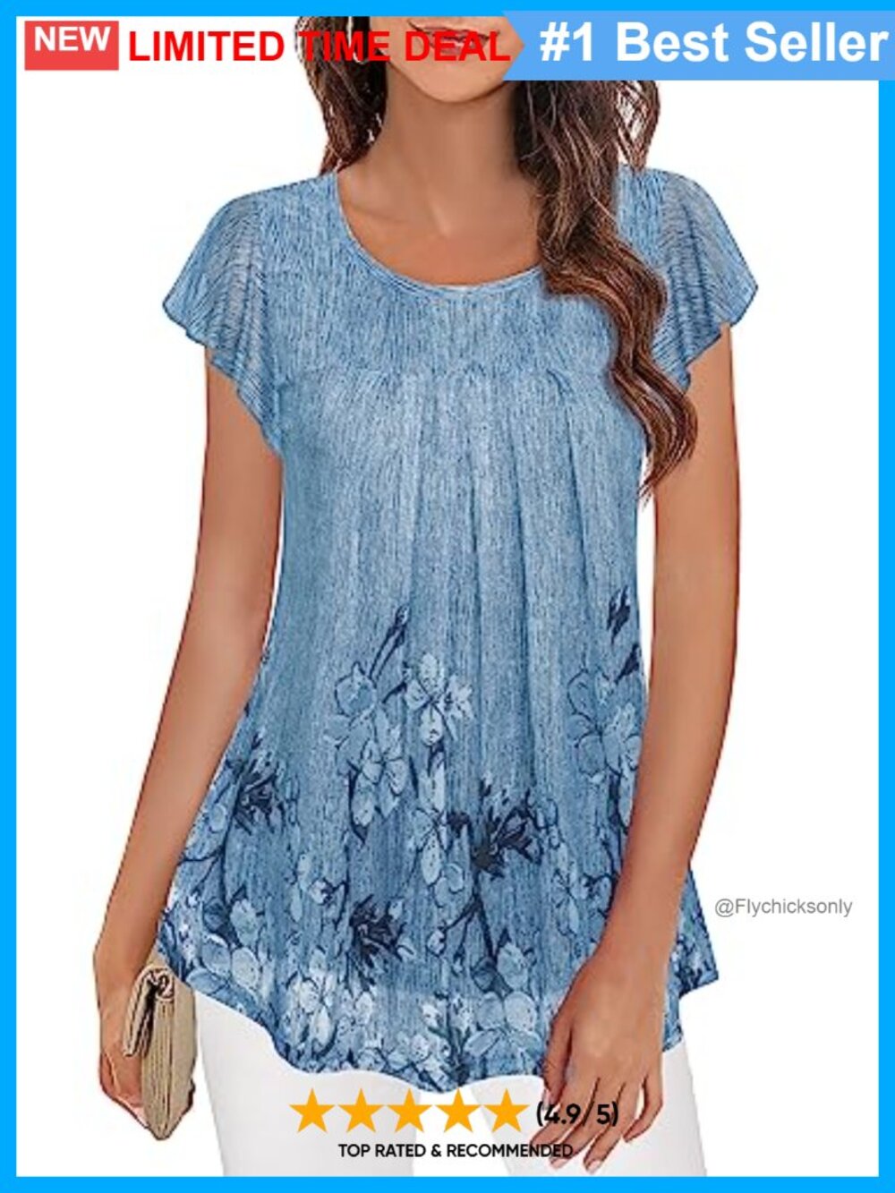 Women's Pleated Mesh Ruffle Short Sleeve Tunic Blouse Floral Top